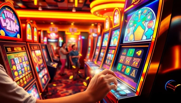 Slot Game dengan mesin slot cerah dan pemain menarik tuasnya di kasino yang meriah.