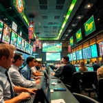 Engaged bettors in a lively sportsbook showcasing sports betting excitement.