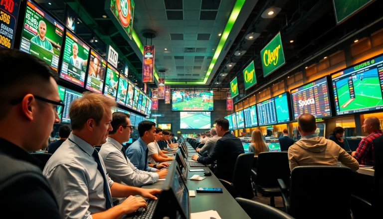 Engaged bettors in a lively sportsbook showcasing sports betting excitement.