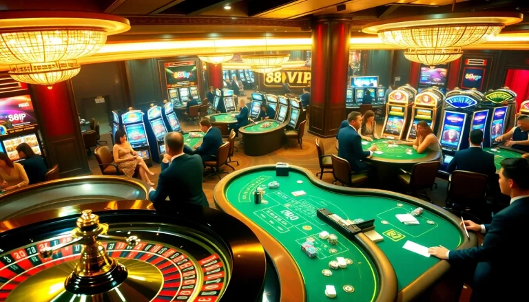 A lively casino scene with luxurious ambience featuring 68VIP branding, roulette, poker, and slot machines.