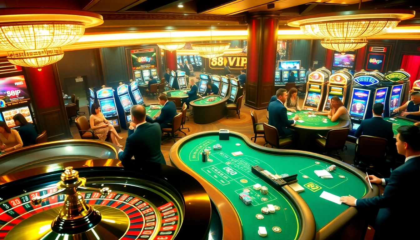 A lively casino scene with luxurious ambience featuring 68VIP branding, roulette, poker, and slot machines.