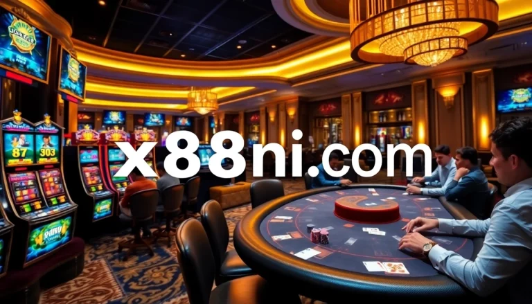 Exciting players at slot machines and poker tables representing x88ni com's gaming experience.