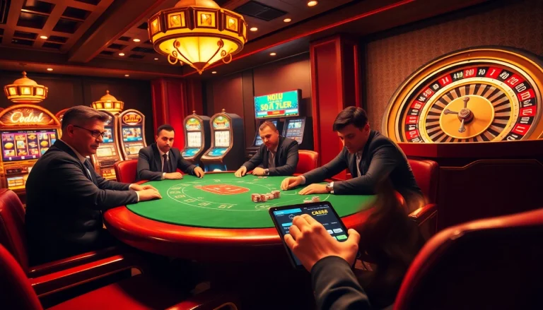 Pahla4D casino scene with poker players, exciting slot machines, and a spinning roulette wheel.