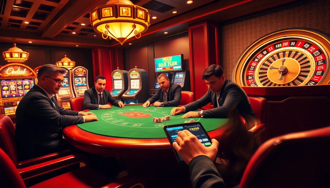 Pahla4D casino scene with poker players, exciting slot machines, and a spinning roulette wheel.