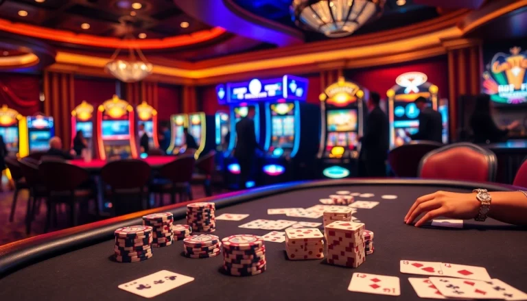 Players enjoying high-stakes poker at a luxury138 casino, surrounded by vibrant slot machines.