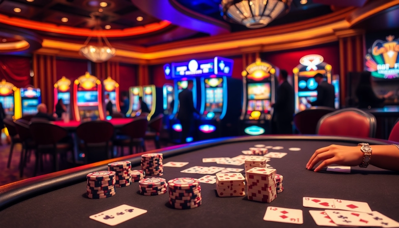Players enjoying high-stakes poker at a luxury138 casino, surrounded by vibrant slot machines.
