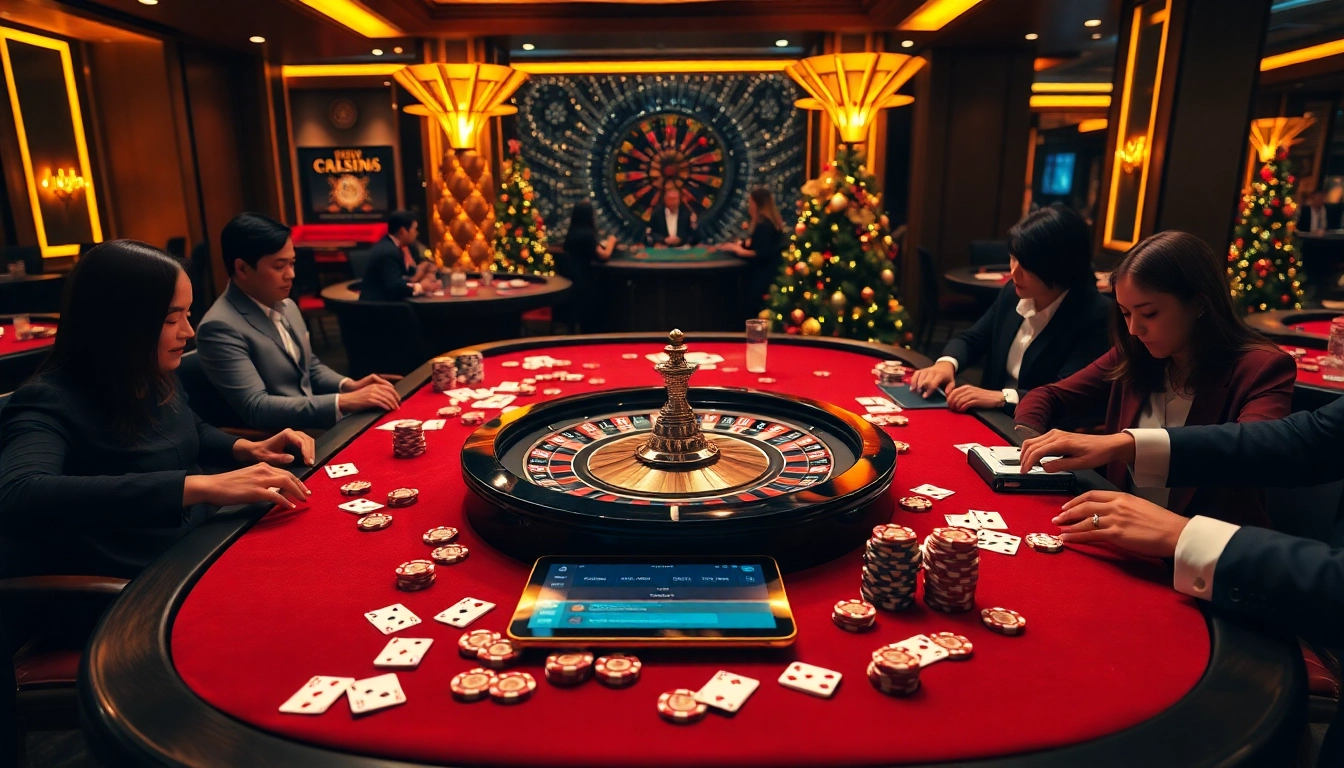 Experience the thrill of gambling at OKFUN with vibrant roulette tables and festive atmosphere.
