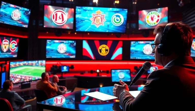 Engaging host in sports broadcasting studio showcasing live sports with vibrant graphics.