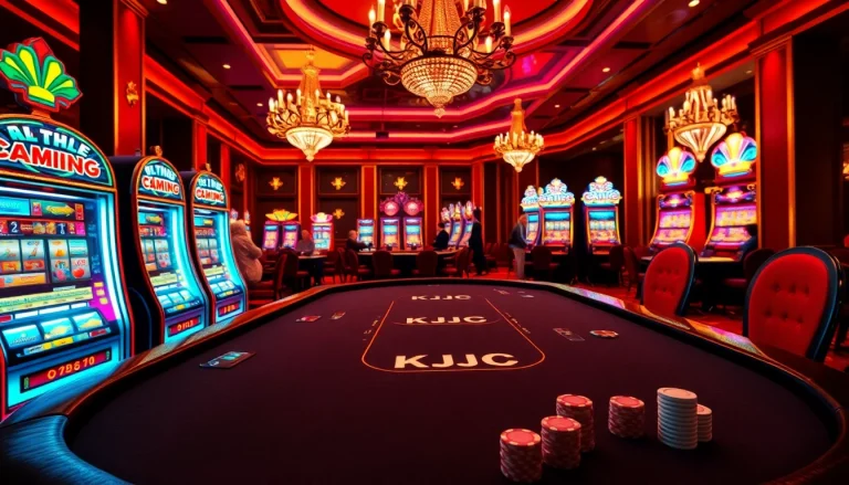 KJC casino scene showcasing high-stakes poker and vibrant slot machines with luxurious decor.
