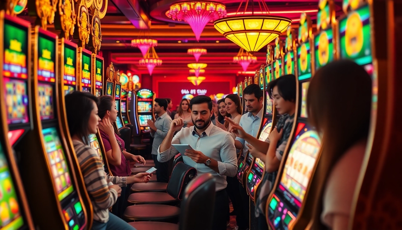 Players enjoying slot online terpercaya games at a luxurious casino, filled with excitement and vibrant colors.
