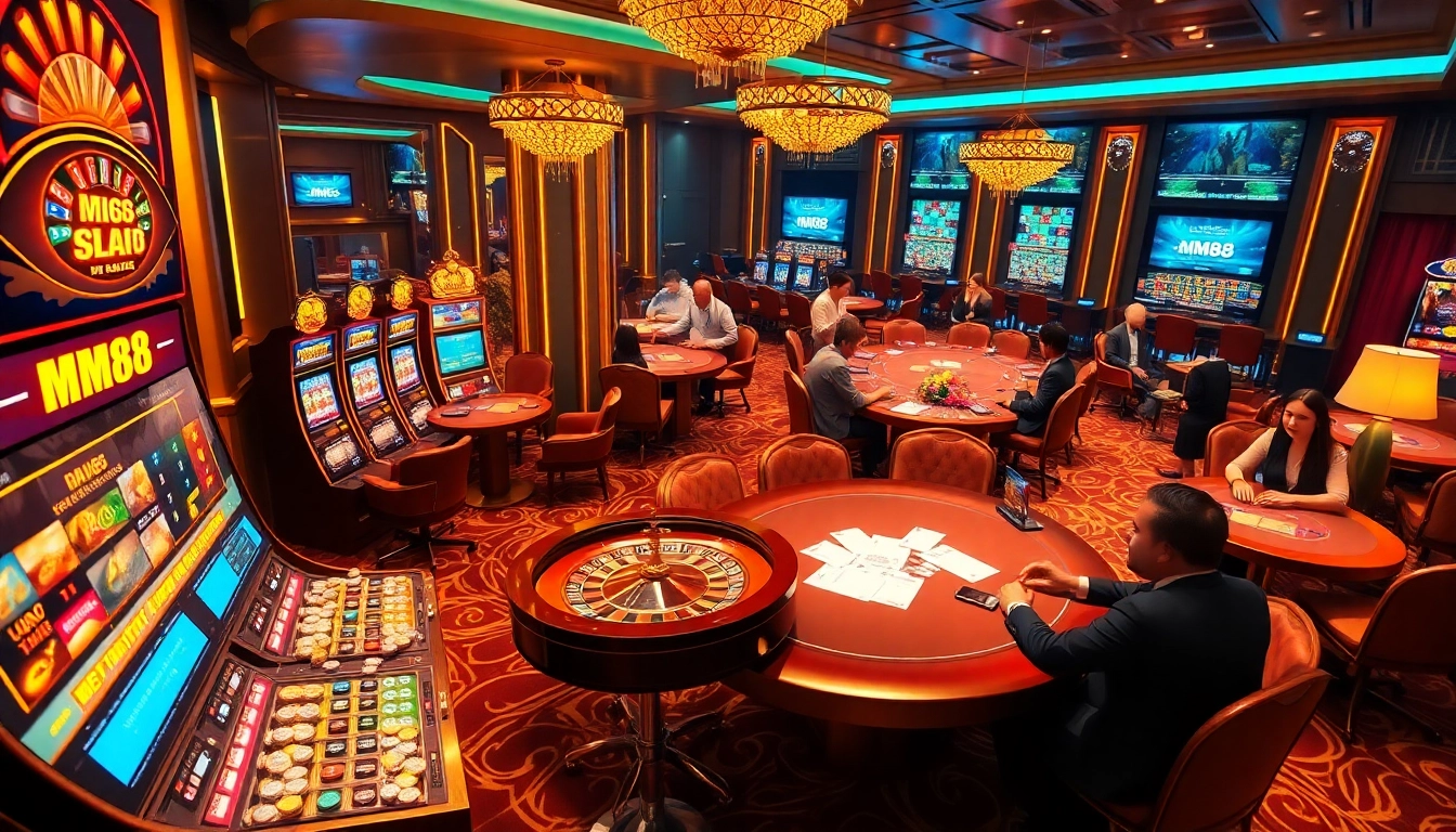 Engaging MM88 casino scene with vibrant slot machines, roulette wheel, and elegant poker tables.