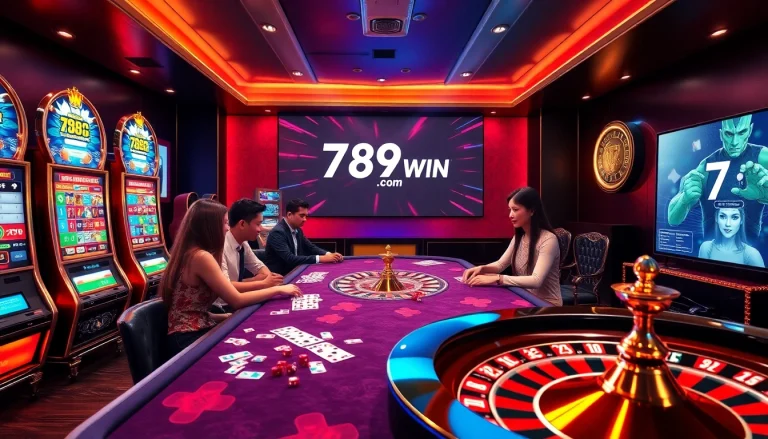 Exciting gameplay atmosphere at 789win com with cards and roulette wheel in a luxurious casino setting.