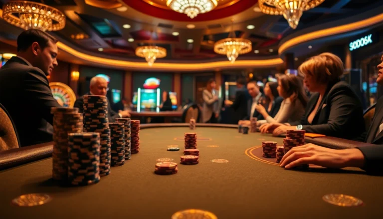 Engaging SODO66 players at a luxurious poker table adorned with vibrant casino elements.