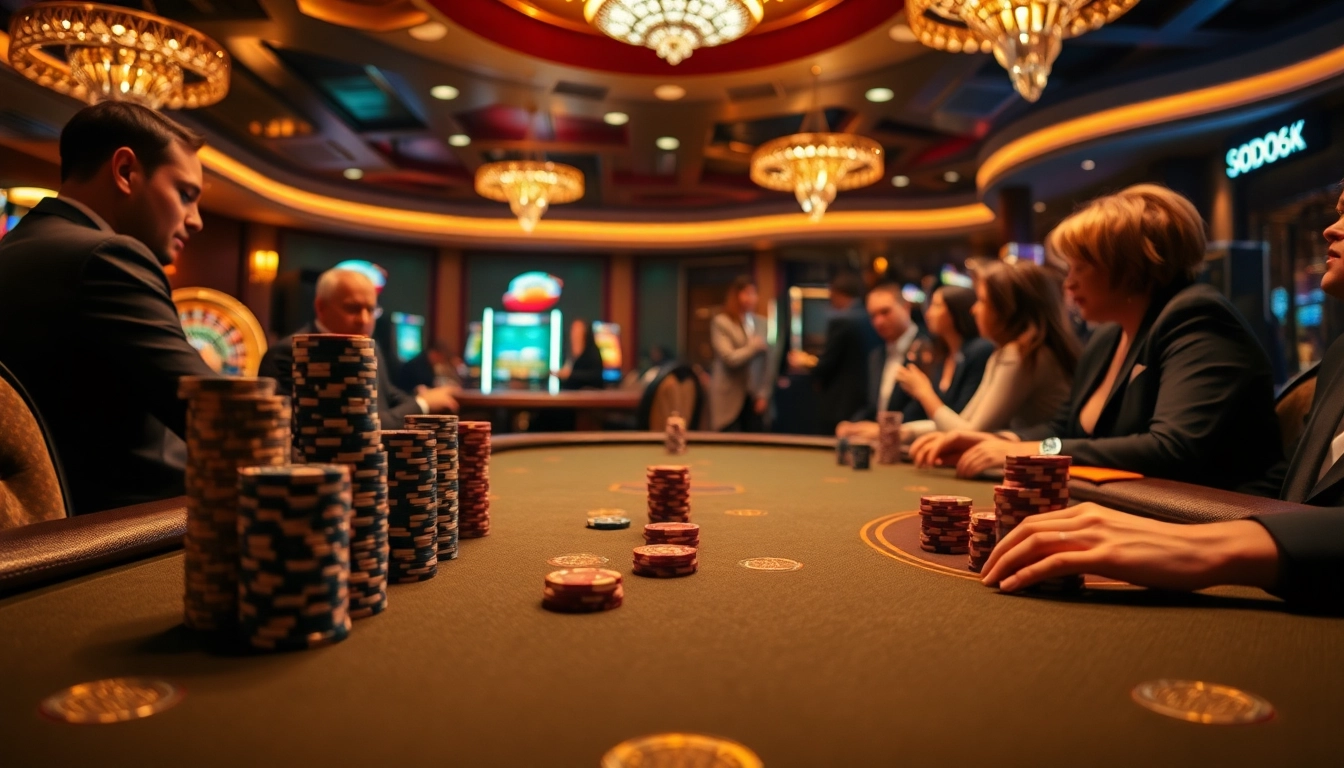 Engaging SODO66 players at a luxurious poker table adorned with vibrant casino elements.