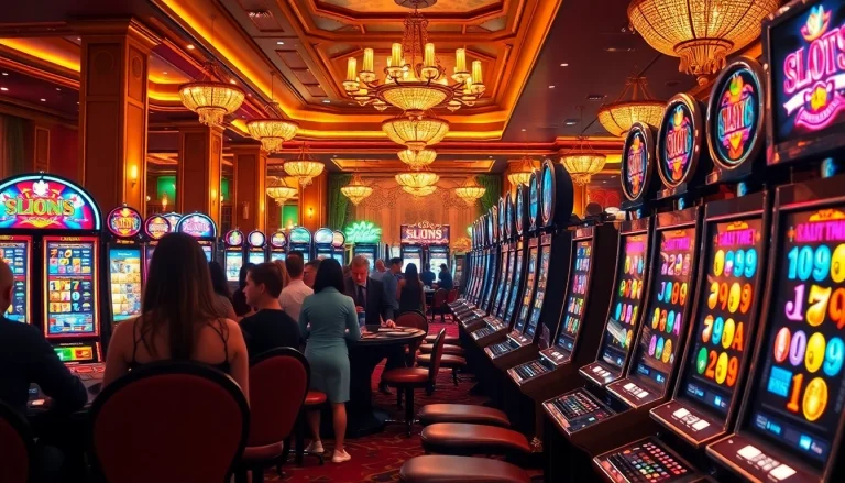 Players enjoying the slot88 games in a luxurious casino setting with vibrant lights.