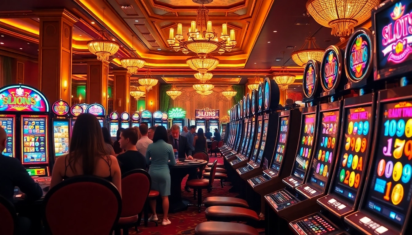 Players enjoying the slot88 games in a luxurious casino setting with vibrant lights.