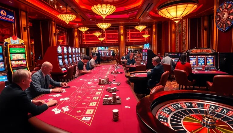 KJC themed casino action showcasing players engaged with vibrant slot machines and poker tables.