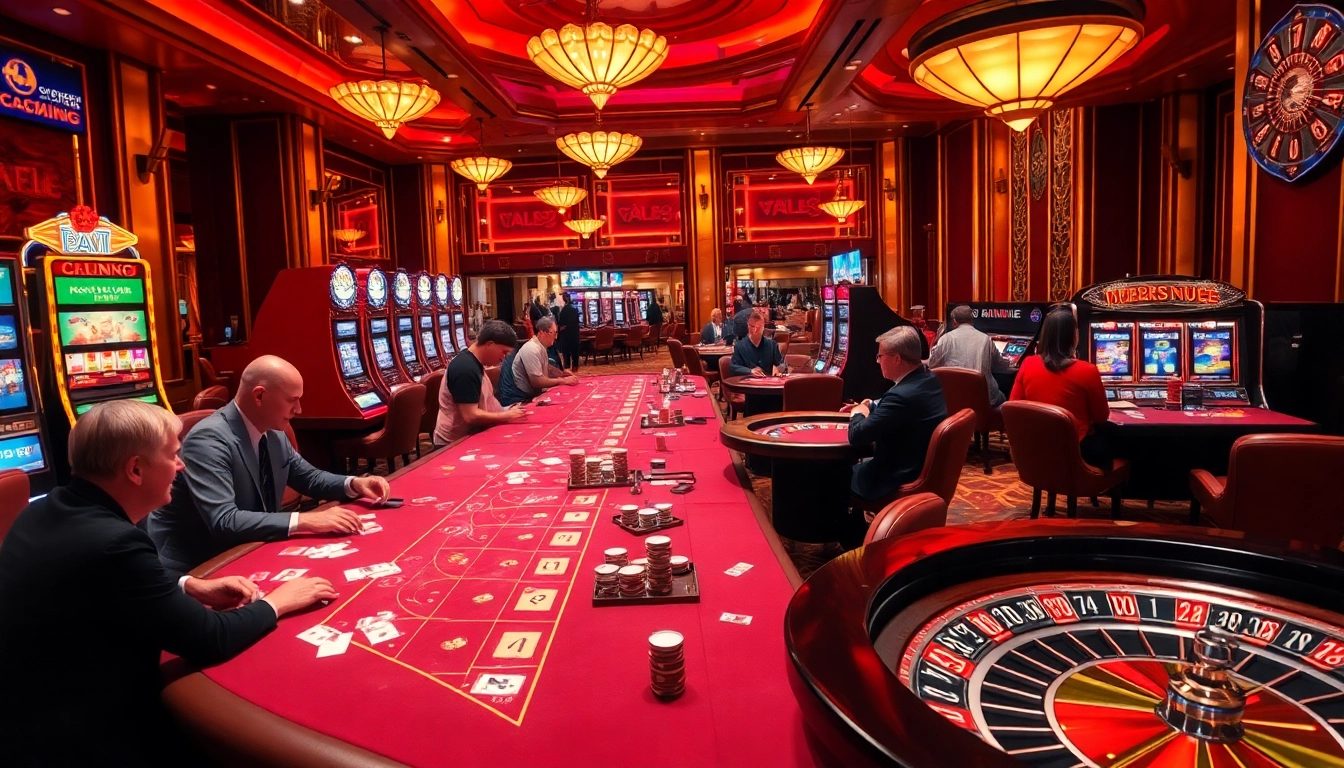 KJC themed casino action showcasing players engaged with vibrant slot machines and poker tables.