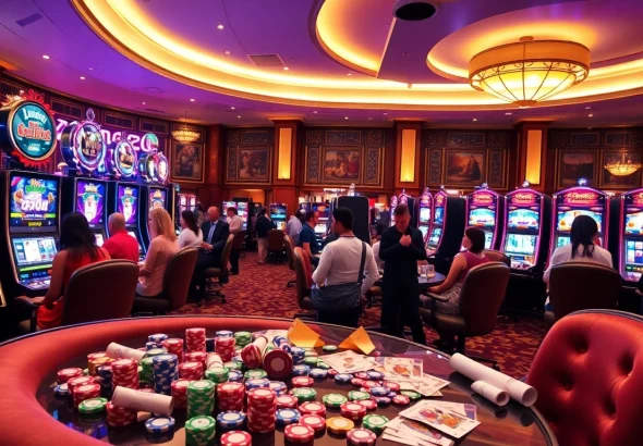 Players enjoying their time at KTP JITU slot machines in a luxurious casino setting, showcasing excitement.