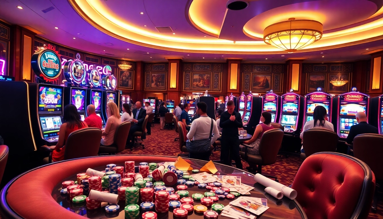 Players enjoying their time at KTP JITU slot machines in a luxurious casino setting, showcasing excitement.