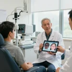 Patient consulting with eye care professionals at SNU Eye Clinic while discussing how much is lasik eye surgery without insurance in a modern examination room.
