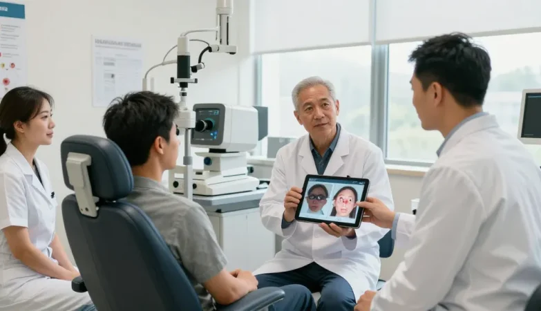 Patient consulting with eye care professionals at SNU Eye Clinic while discussing how much is lasik eye surgery without insurance in a modern examination room.