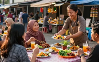 Warung225 menyajikan hidangan tradisional di pasar lokal yang ramai.