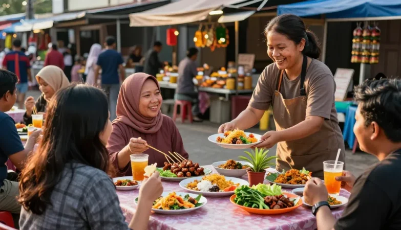 Warung225 menyajikan hidangan tradisional di pasar lokal yang ramai.