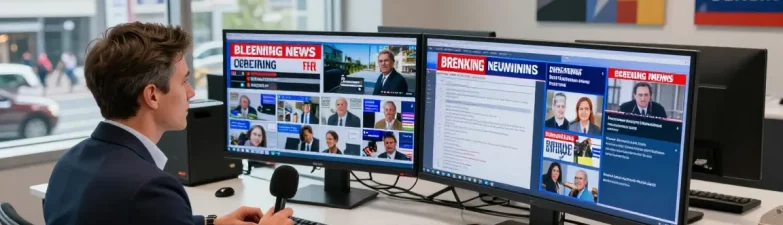 Breaking news at https://www.theindaily.com with journalists in a modern newsroom, capturing live updates and headlines.